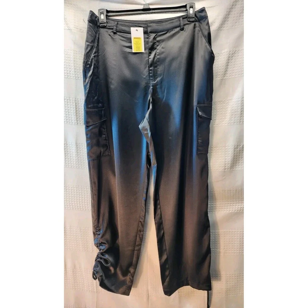Intempo Womens Cargo Pants Black Satin Silk Ruched Leg Drawstring Size 16 Multi - Picture 3 of 11